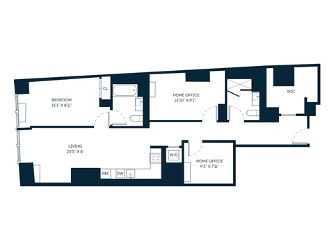Floor plan for 1 bed, 2 baths, 1208 sqft
